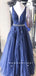 A-Line V-Neck Sleeveless Navy Blue Tulle Lace Long Prom Dresses With Beading,RBPD0094
