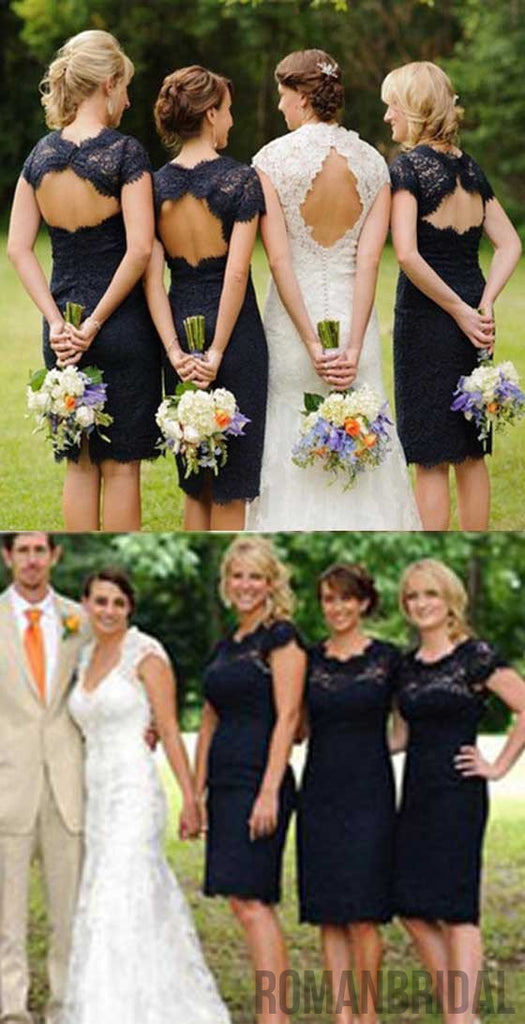 Charming  Lace Navy Blue Open Back Knee-Length Short Mini  Cheap Bridesmaid Dresses, WG095