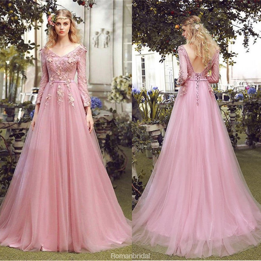 Floor-length A-line V-neck long sleeve evening dress,  Pink lace applique Back strap long prom dresses,PD0517