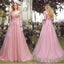 Floor-length A-line V-neck long sleeve evening dress,  Pink lace applique Back strap long prom dresses,PD0517