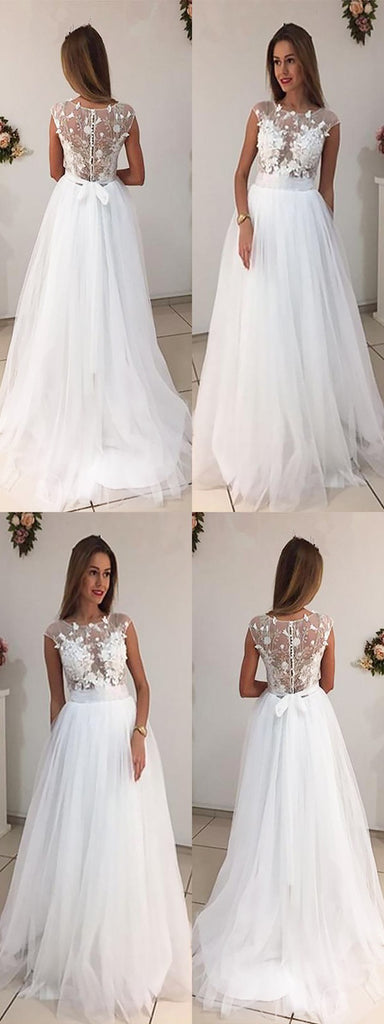 A-line Bateau Neck Cap Sleeves Appliques Tulle Wedding Dresses With Train, WD0412