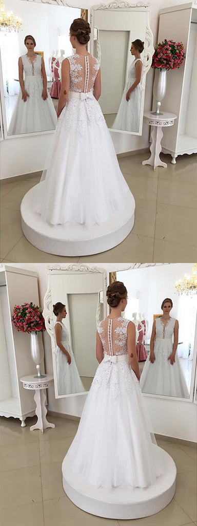 A-line Floor-length Appliques Deep V-neck Sleeveless Wedding Dresses, WD0413