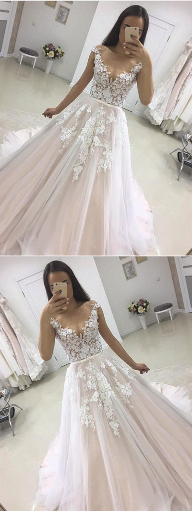 A-line Off-shoulder V-neck Lace Appliques Wedding Dresses With Train, WD0414
