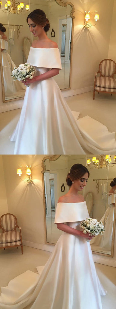 Gorgeous A-line Off-shoulder Simple Cheap Wedding Dresses With Train, WD0415