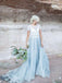 A-line Lace Scoop Sweep Train Short sleeve Tulle Evening Dress, long prom dresses, PD0531