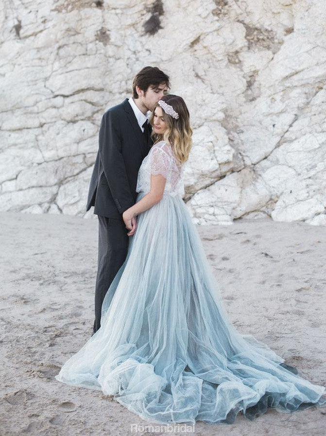 A-line Lace Scoop Sweep Train Short sleeve Tulle Evening Dress, long prom dresses, PD0531