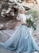 A-line Lace Scoop Sweep Train Short sleeve Tulle Evening Dress, long prom dresses, PD0531