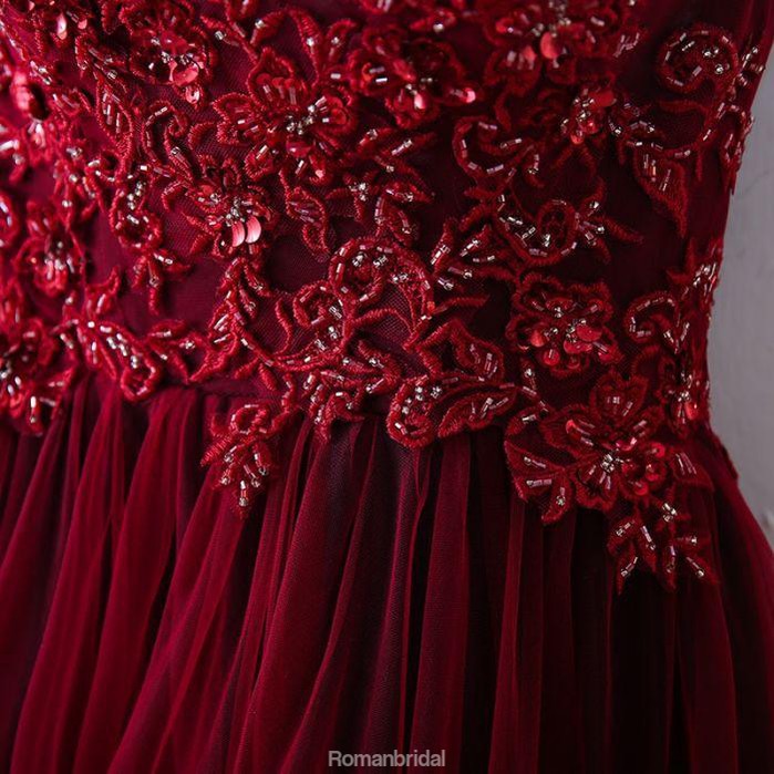 Popular A-line one shoulder tulle modest burgundy Evening dress long Prom dresses, PD0510
