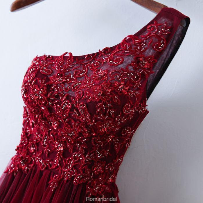 Popular A-line one shoulder tulle modest burgundy Evening dress long Prom dresses, PD0510
