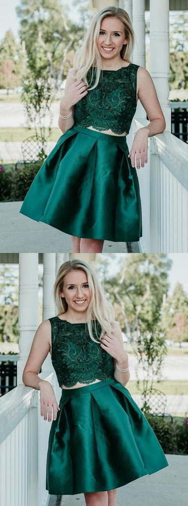 Two Pieces Beading Sleeveless Green Lace Appliques Short Homecoming Dress, HD0415