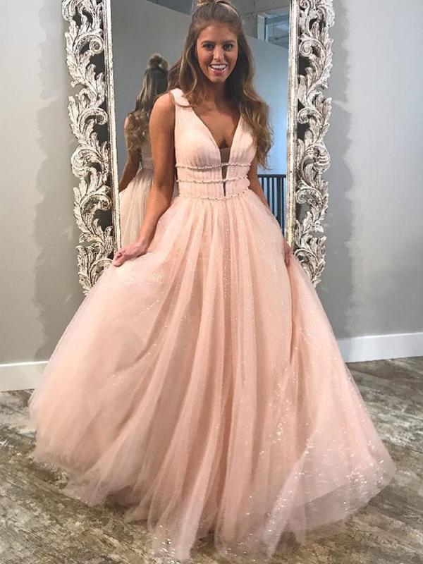 Most popular A-line Floor-length V-neck princess dresses, pink lovely long prom dresses,  PD0106