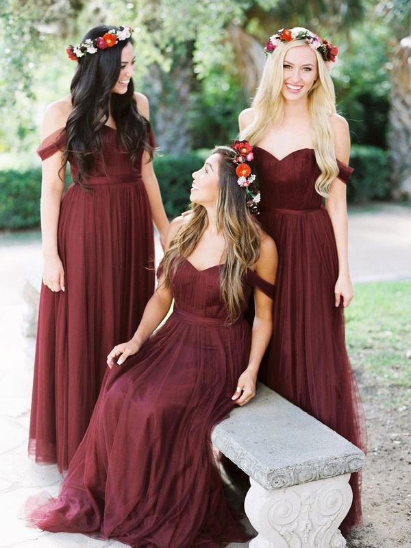 New Arrival Floor-length Burgundy Tulle Off the Shoulder Long Bridesmaid Dresses, BD0431