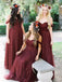New Arrival Floor-length Burgundy Tulle Off the Shoulder Long Bridesmaid Dresses, BD0431