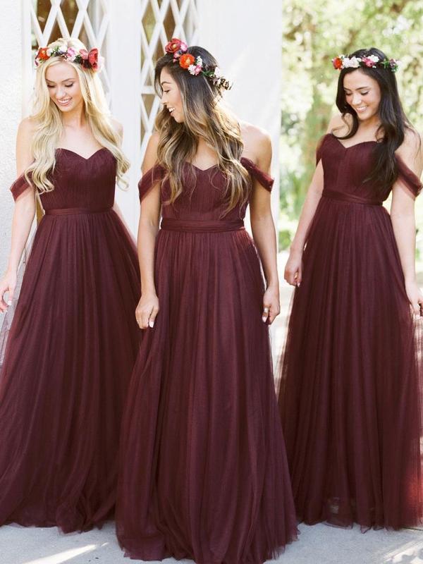 New Arrival Floor-length Burgundy Tulle Off the Shoulder Long Bridesmaid Dresses, BD0431
