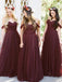 New Arrival Floor-length Burgundy Tulle Off the Shoulder Long Bridesmaid Dresses, BD0431