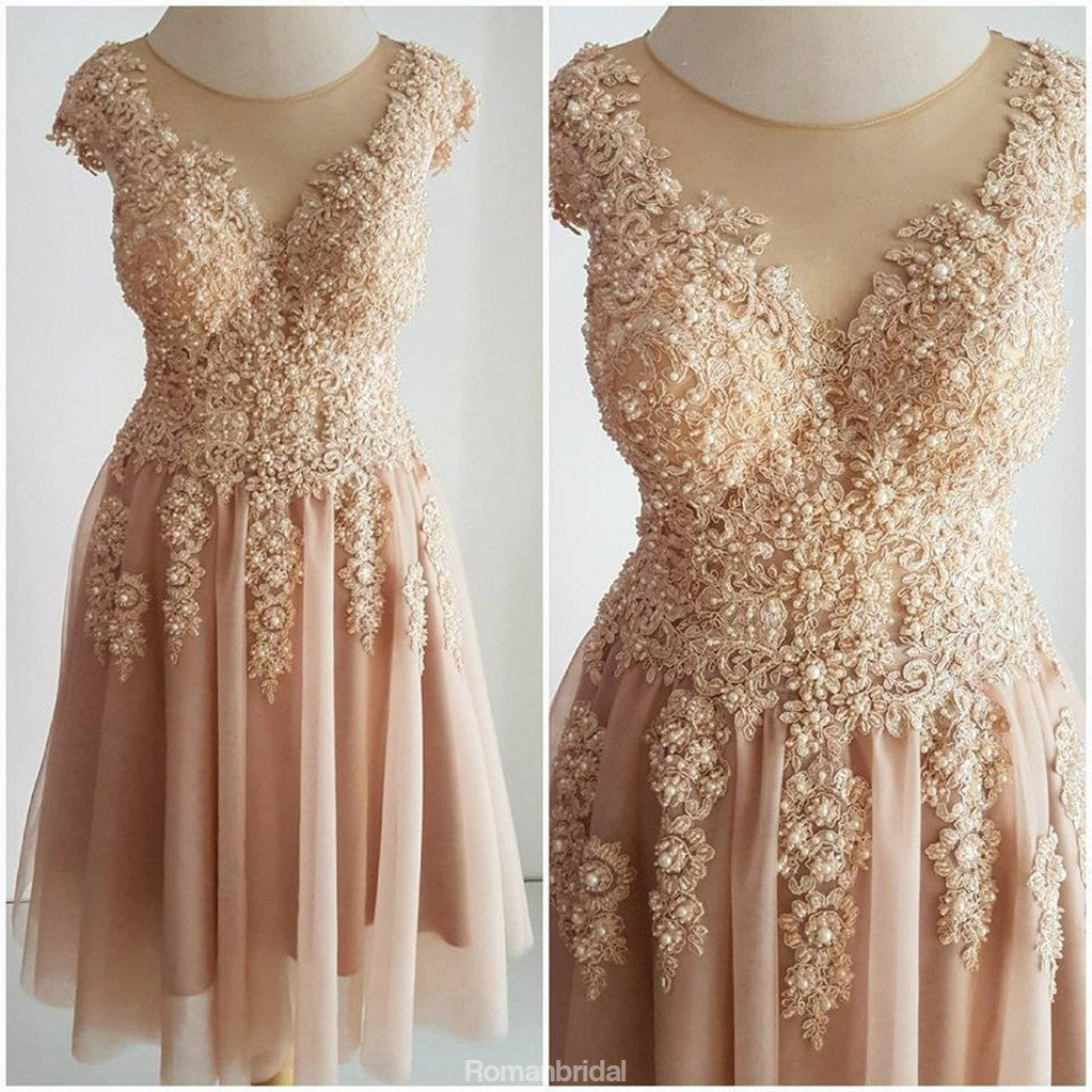 Sparkly A-Line Lace Appliques Beading Cap Sleeves Tulle Homecoming Dresses, HD0418