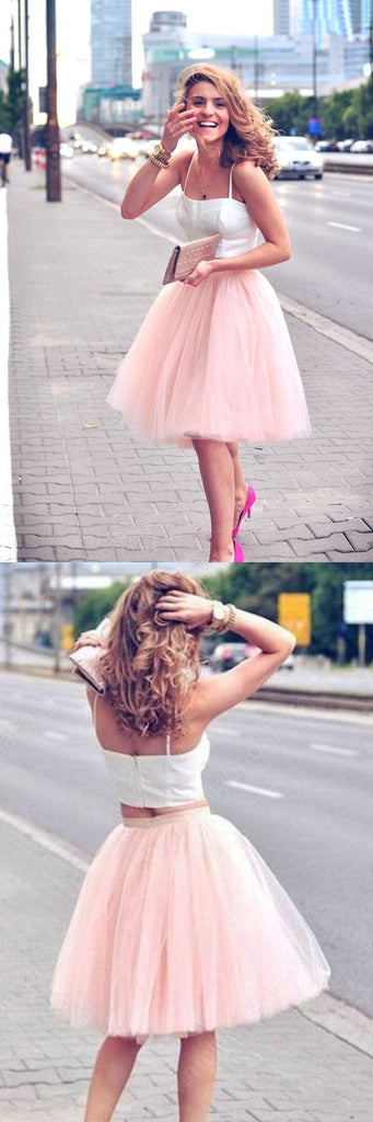 Two Pieces Cheap Spaghetti Straps Pink Tutu tulle Homecoming Dresses, HD0351