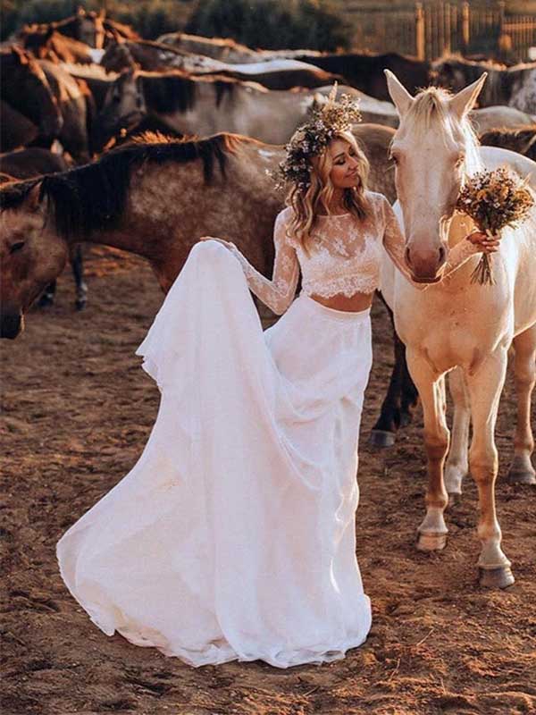 Chiffon Two Pieces A-line Long Sleeves Wedding Dress, WD0504