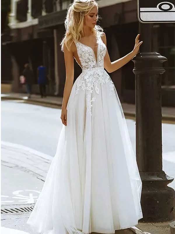 Elegant A-line  V-neck Lace Applique Wedding Dress, WD0495