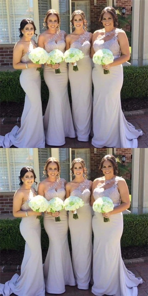 New arrival Elegant Mermaid One Shoulder Lace Appliques Bridesmaid Dress with Train, BD0447