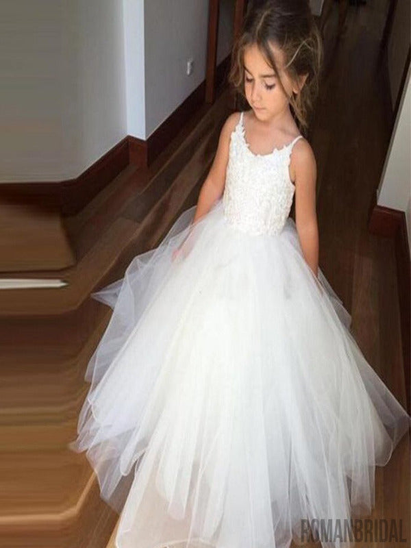 Spaghetti Lace Top White Tulle Hot Sale Flower Girl Dresses, FG005