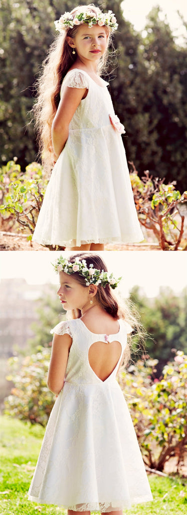 A-line Scoop Neck Lace Open-back Cap Sleeves Flower Girl Dresses, FG0149