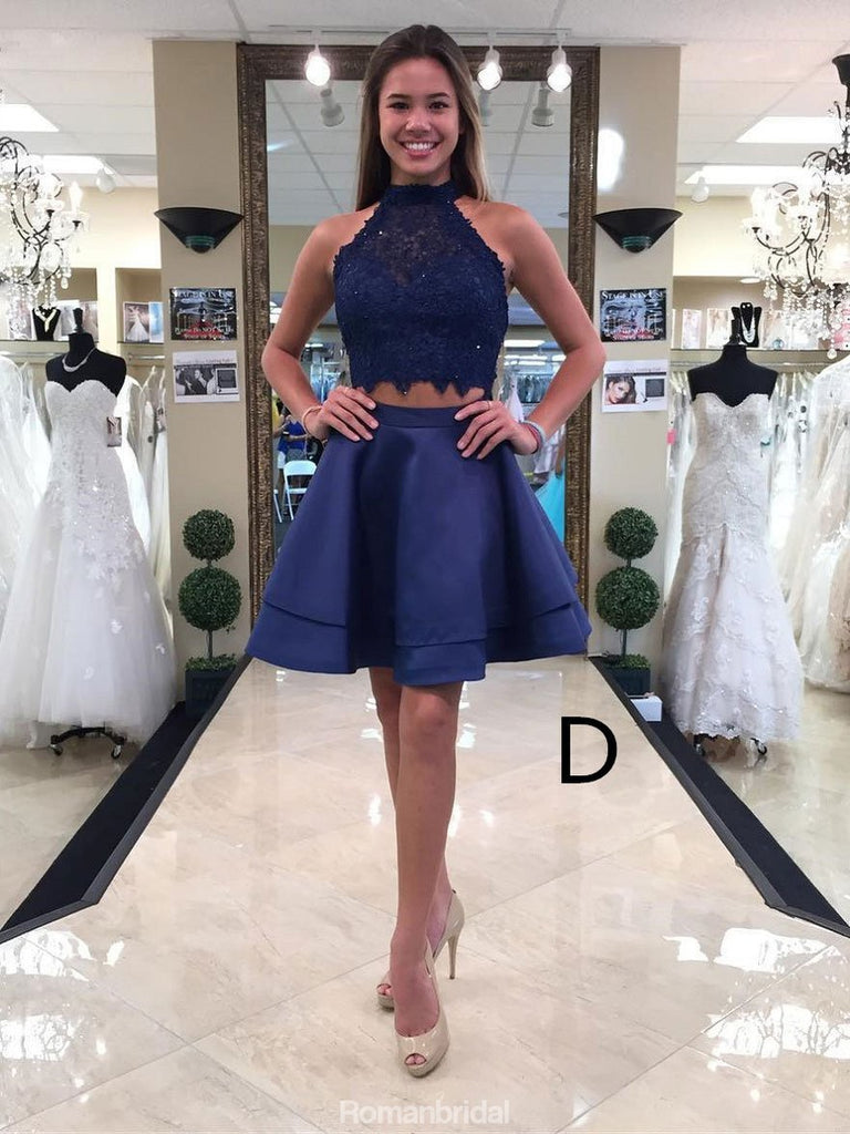 Two Pieces Halter Sleeveless Lace Top Sweet Cheap Short Homecoming Dresses, HD0350