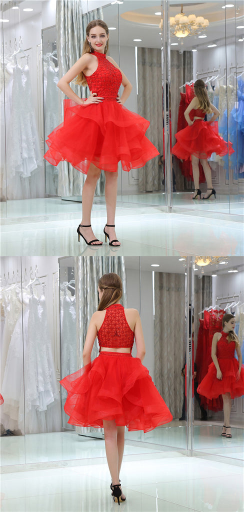 Halter High-Neck Red Organza Beading Top Homecoming Dresses, HD0497