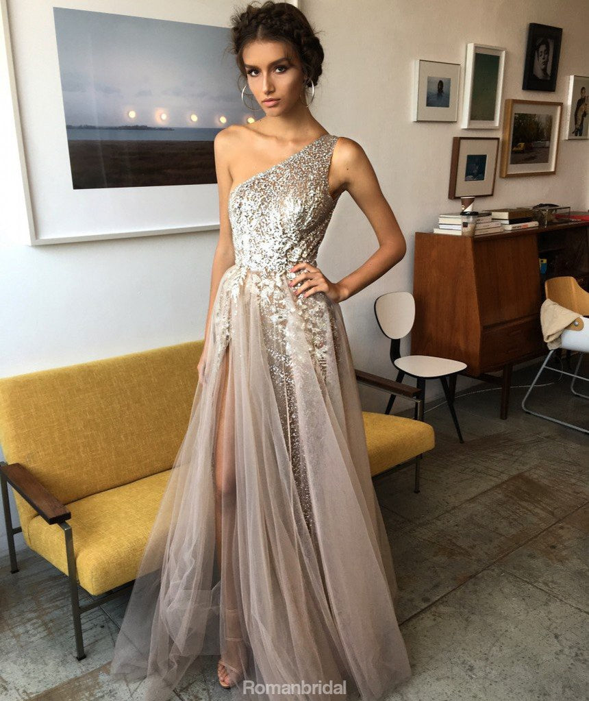 One Shoulder Beading High Split Long Prom Dresses, PD0591