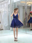 A-line V-neck Backless Lace Appliques Short Homecoming Dresses, HD0503