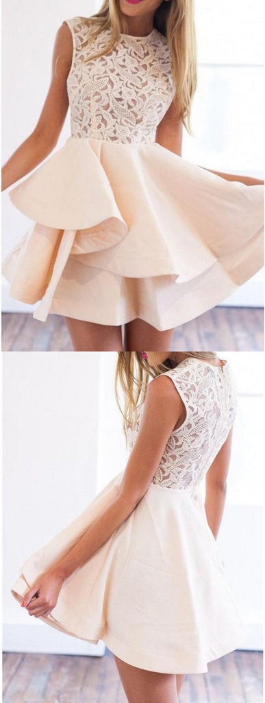 Amazing Scoop Neck Sleeveless Lace Appliques Homecoming Dresses With Ruffles, HD0420