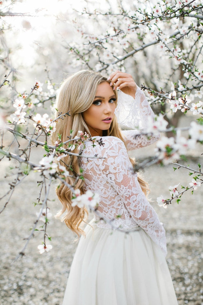 Two-pieces Lace Long Sleeves Short Tulle Homecoming Dresses, HD0511