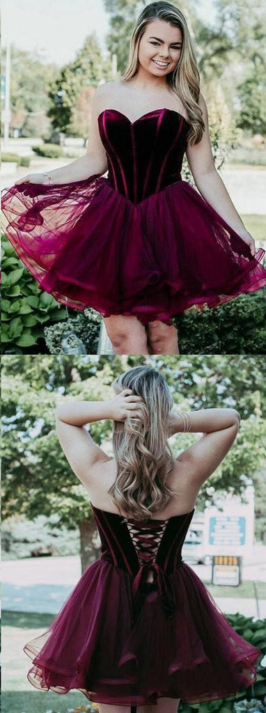 Sweetheart Burgundy Lace up back Strapless Homecoming Dresses, HD0513