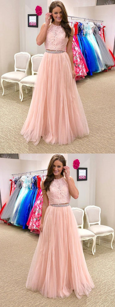 Sparkly A-line Floor-length Two Piece Halter Lace Top Beading Prom Dresses, PD0570