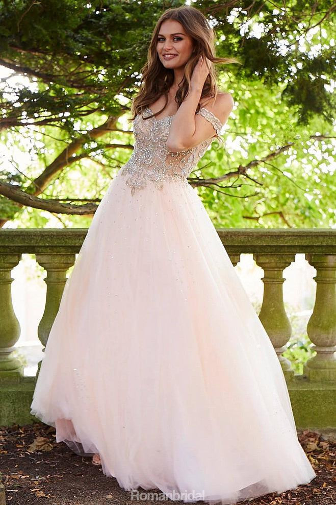 Popular A-line Floor-length off the shoulder beading tulle Sweet princess dress, long prom dresses, PD0110