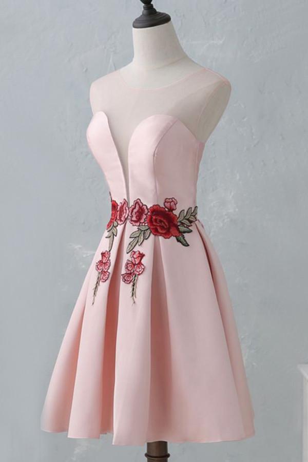 Round-Neck Pink Embroidery Cheap Open-back Sleeveless Homecoming Dresses, HD0368
