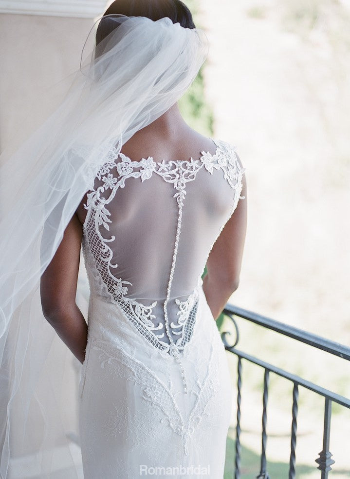 Amazing White lace sexy V-neck sleeveless elegant tail wedding dress, WD0330