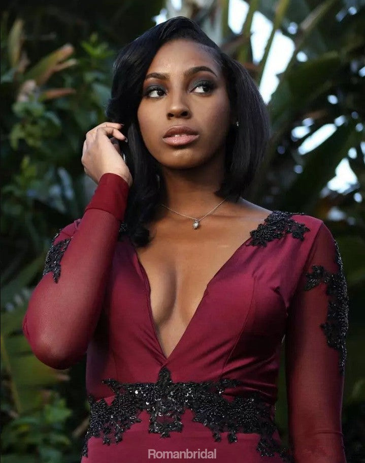 Mermaid Sexy Deep V Neck Long Sleeves Sequins Prom Dress, PD0624