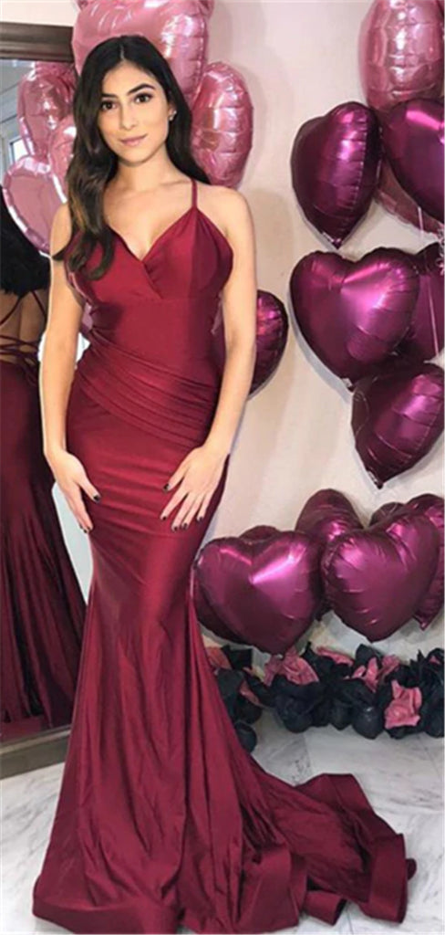 Burgundy V-Neck Mermaid Lace Up Back Prom Dress With Pleats, PD0720