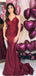 Burgundy V-Neck Mermaid Lace Up Back Prom Dress With Pleats, PD0720