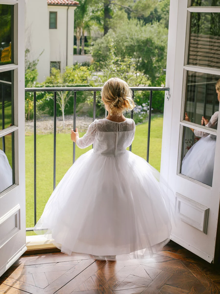Newest Round Neck Lace 3/4 Sleeves Tulle Flower Girl Dresses, FG0138
