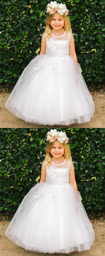 A-line Round Neck Sleeveless Lace Appliques Flower Girl Dresses, FG0143