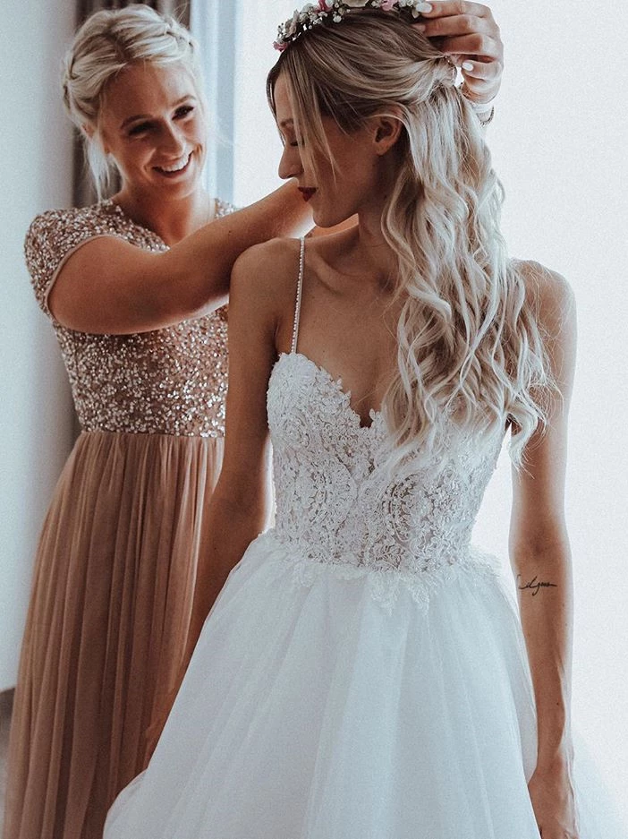 A-line Spaghetti Straps V-neck Lace Top Backless Long Tulle Wedding Dresses, WD0480