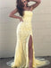 Strapless Mermaid Lace Appliques Yellow Prom Dresses With Splits, PD0783