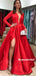 A-line Deep V-neck Long Sleeves Red Prom Dresses With Split, PD0810