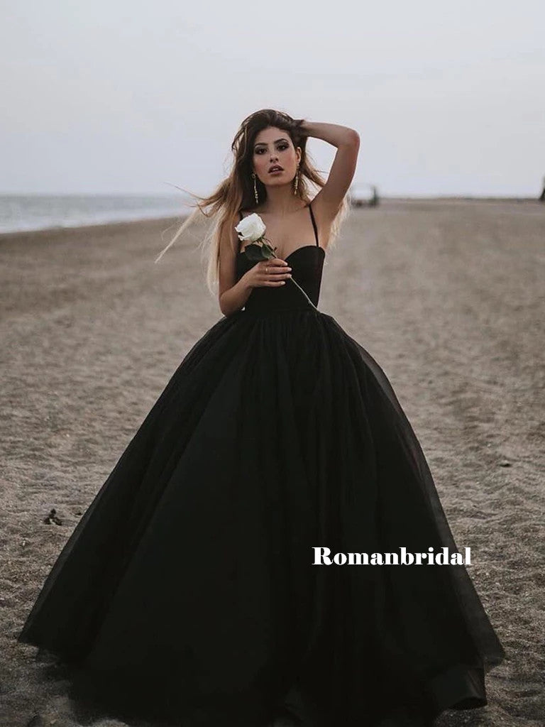 Sweetheart Spaghetti Straps Long Black Simple Prom Dresses, PD0825