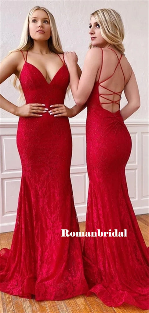 Mermaid Sexy V-neck Lace-up Back Red Lace Prom Dresses, PD0829