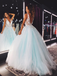 A-line V-neck Appliques Sleeveless Backless Long Tulle Prom Dresses, PD0836