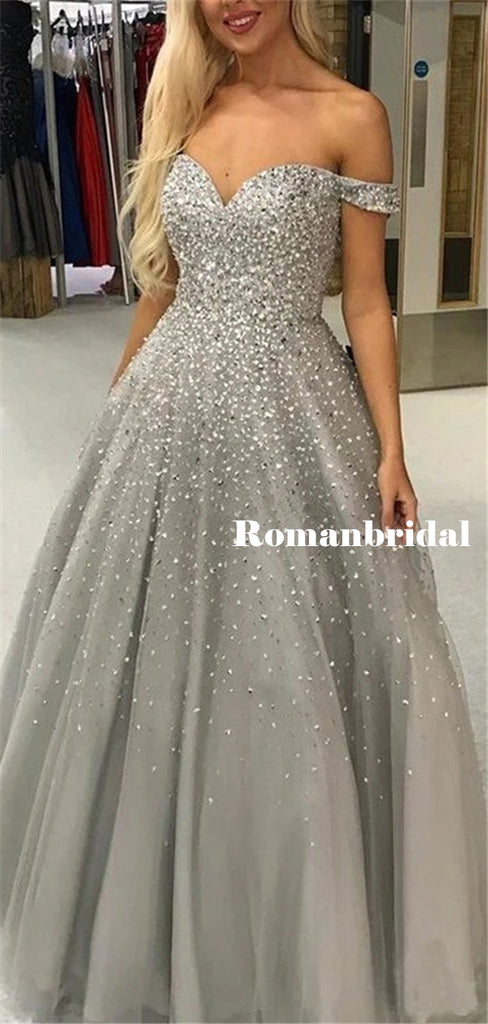 Shiny A-line Off-shoulder Sliver Beading Long Tulle Prom Dresses, PD0842