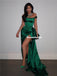 Sheath Off-shoulder Sexy Long Green Satin Prom Dresses With Split, PD0845